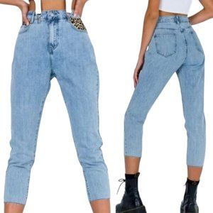 Princess Polly High Rise Cropped Straight Leg Jean Raw Hem Leopard Pocket 4